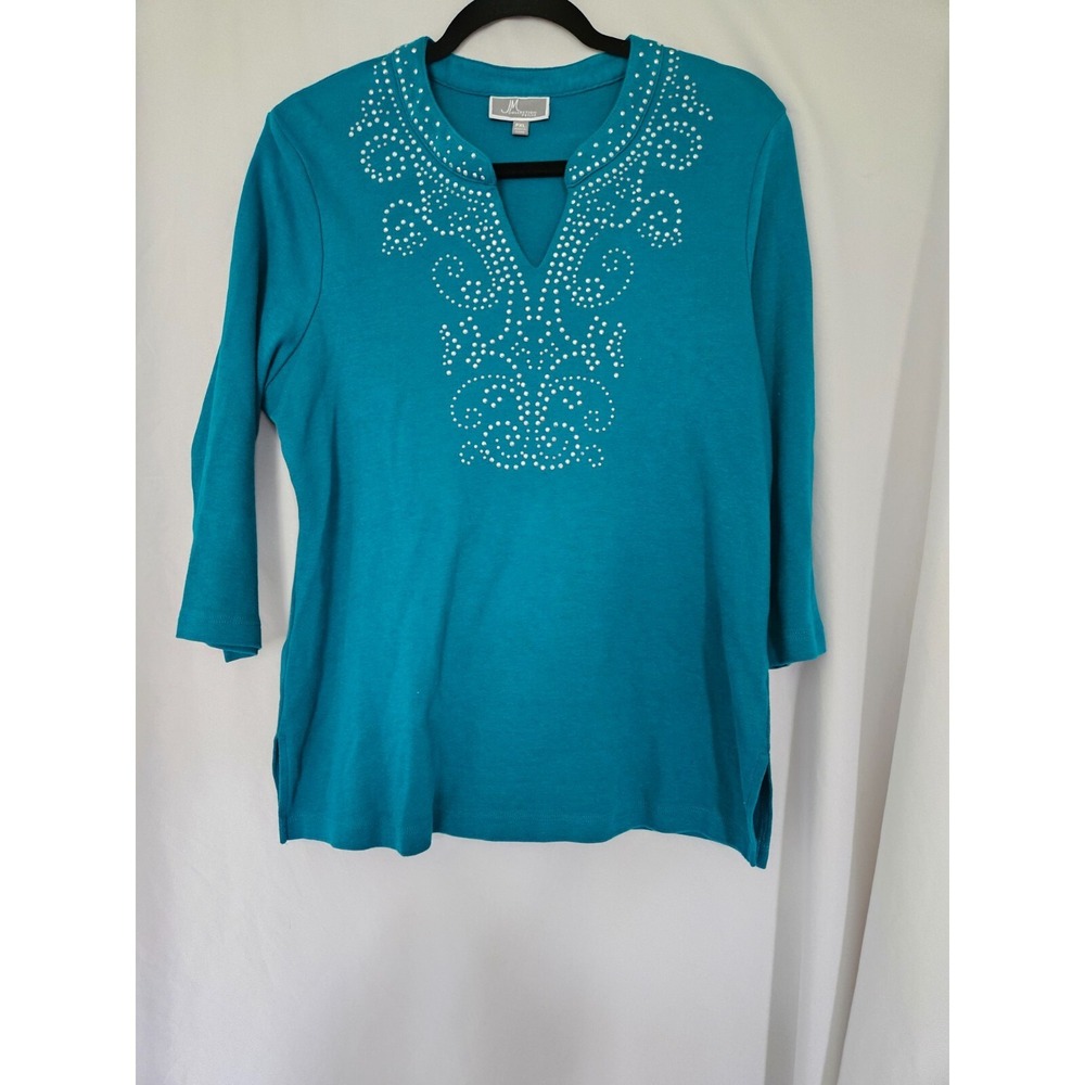 JM Collection Womens Top Plus Size PXL Teal Cotton Studded V Neck Boho Blouse